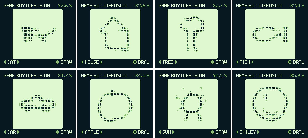 Eight drawings in the emulator: cat, house, tree, fish, car, apple, sun, smiley